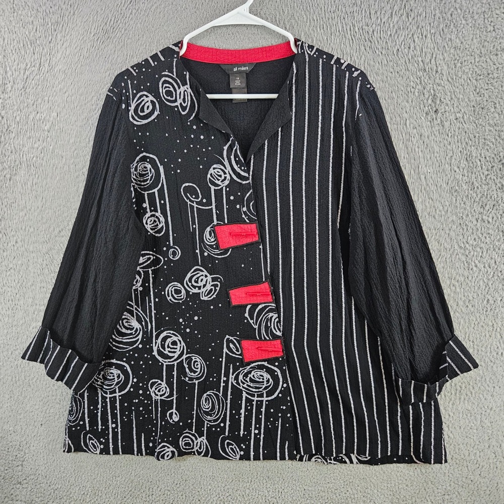 Ali Miles Womens 1X Black White Mixed Print Crinkle Button Front Blouse